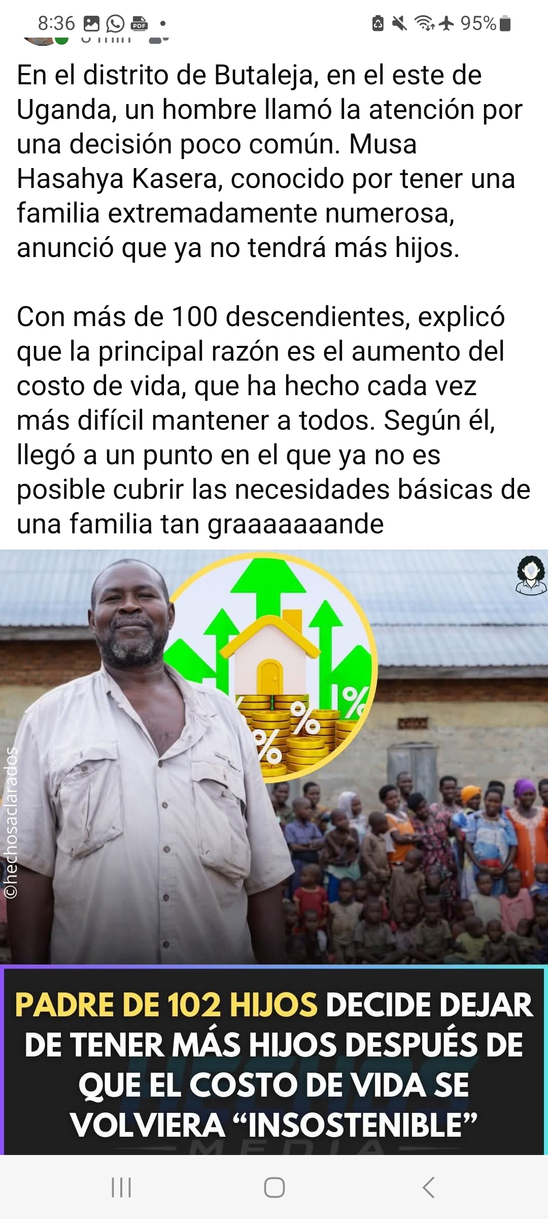 Hombre con más de 100 hijos en Uganda anuncia que no tendrá más descendientes por el alto costo de vida